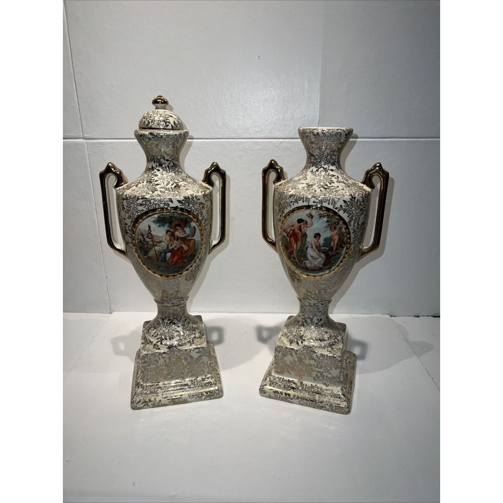 2 Empire Shelton Porcelain England 1930s Pedestal Vase Decanter Decor See Pics